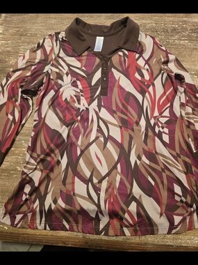 Women's Long Sleeve Polo Top in Brown Multi